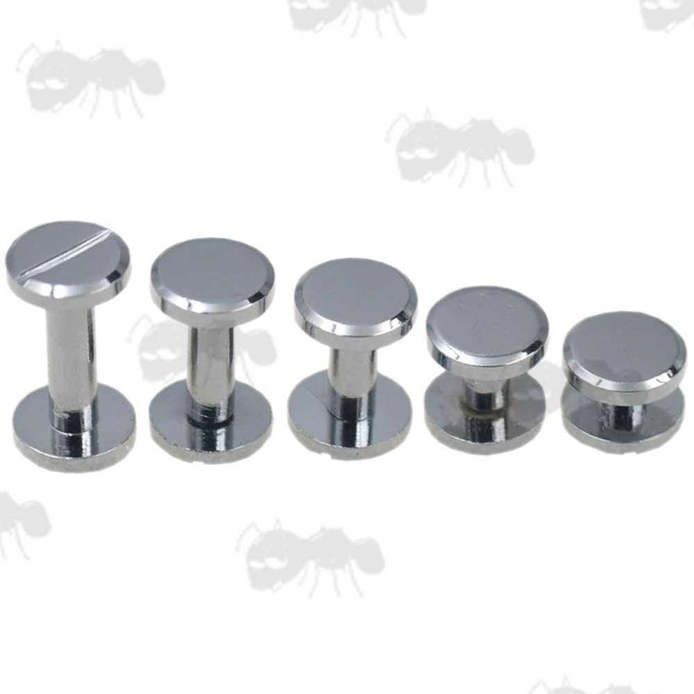 Set of Five Assorted Length Nickel Polished Brass Chicago Screw Studs With Flat Heads