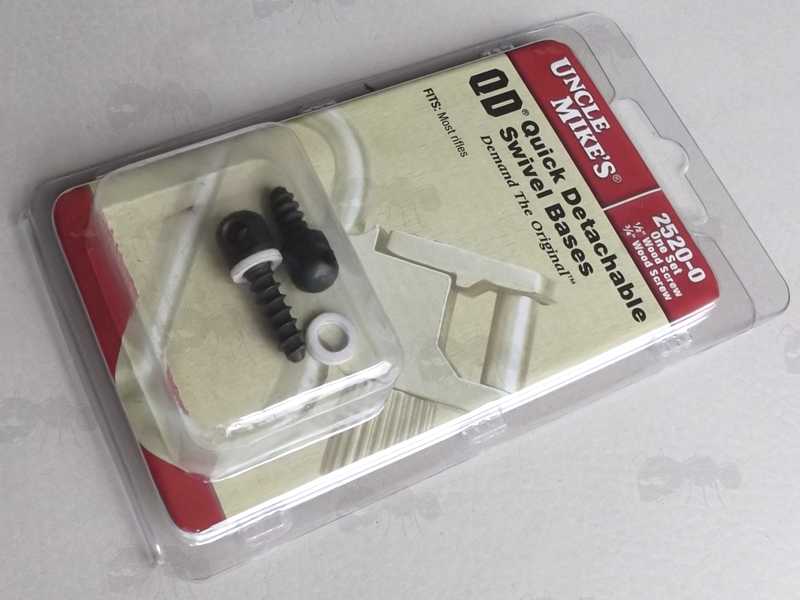 Pair of Black Uncle Mike's Wood Thread Screw Studs with White Spacer Washers for Quick-Detach Sling Swivels, Shown in Retail Hanger Packaging