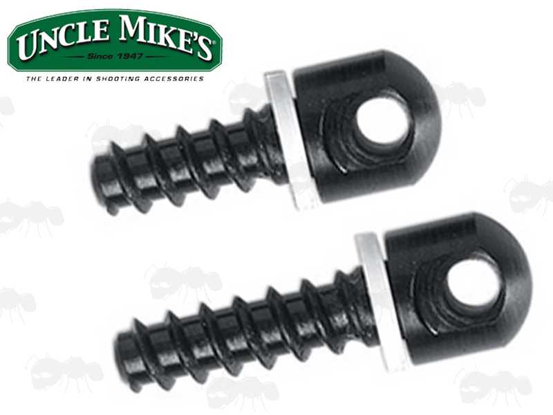 Pair of Black Uncle Mike's Wood Thread Screw Studs with White Spacer Washers for Quick-Detach Sling Swivels