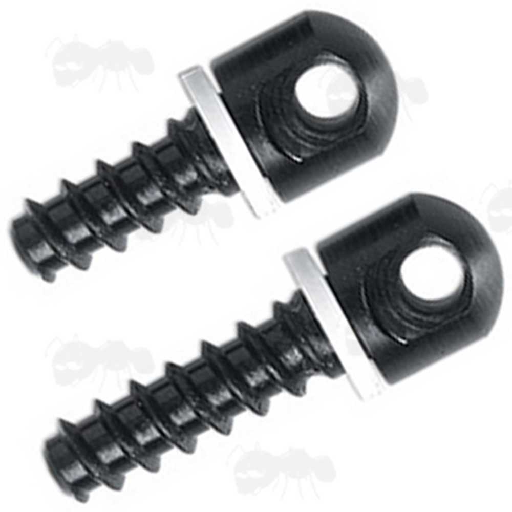 Pair of Black Uncle Mike's Wood Thread Screw Studs with White Spacer Washers for Quick-Detach Sling Swivels