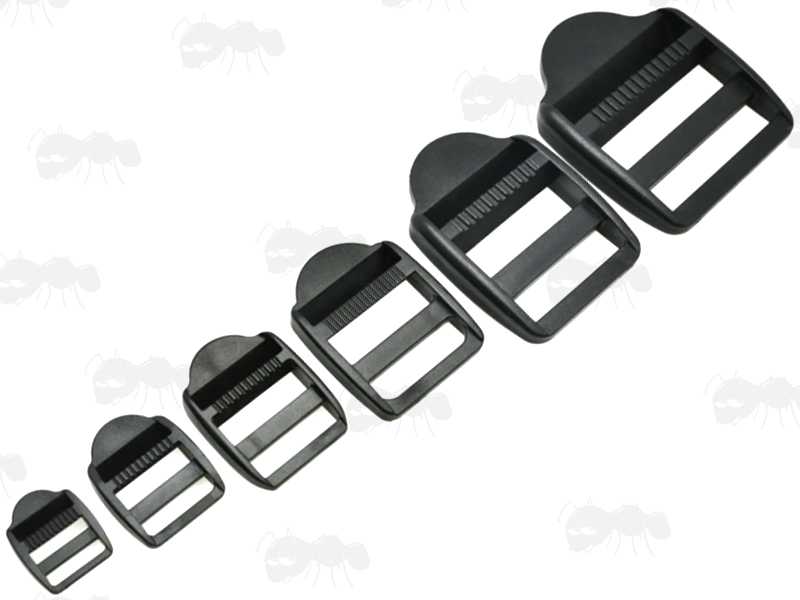 Six Assorted Sizes of The Black Plastic Ladder Lock Webbing Slider Adjuster Buckles