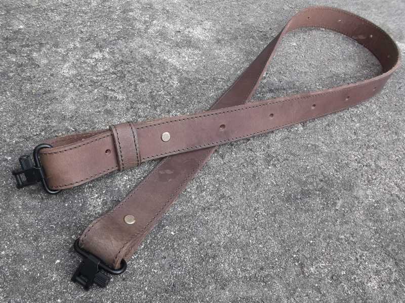 34mm Wide Thick Dark Brown Stitched Leather Strap Gun Sling, Shown Fitted with QD Black Swivels