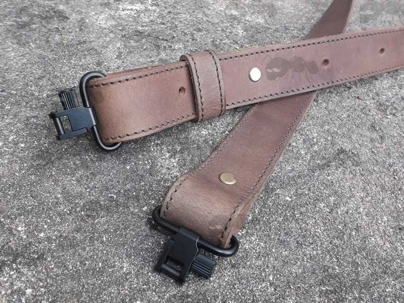 End View of QD Black Swivels Fitted to The 34mm Wide Thick Dark Brown Stitched Leather Strap Gun Sling