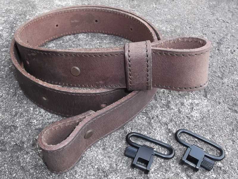 34mm Wide Thick Dark Brown Stitched Leather Strap Gun Sling, Shown with QD Black Swivels