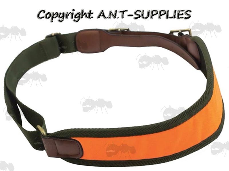 Hi-Visibility Orange Canvas Hunters Sling with Green Strap, Thick Brown Leather Tabs and Brass Fittings