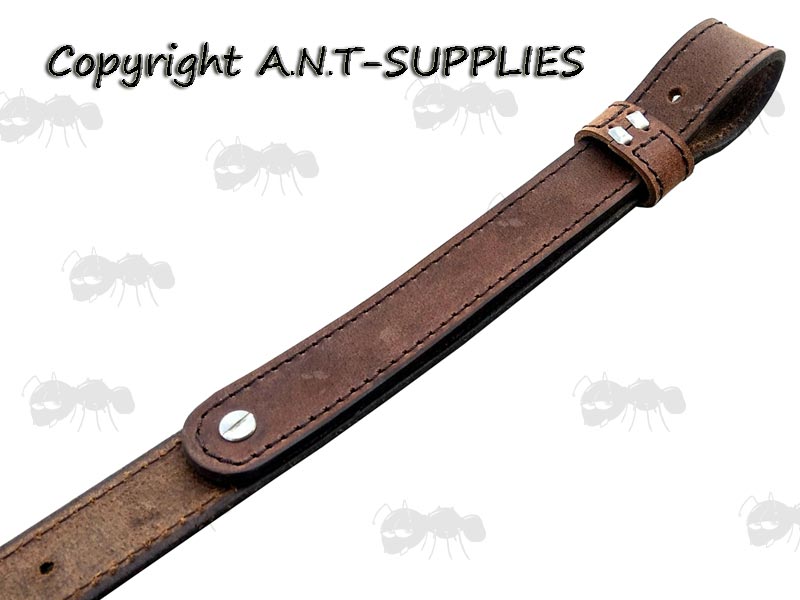 End Views of The AnTac Thick Dark Brown Leather Gun Sling with Wide Shoulder Pad