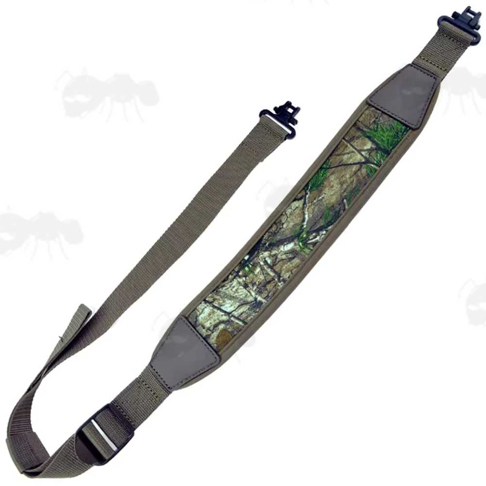 Tree Camouflage Khaki Canvas and Neoprene Gun Slings with Black Heavy-Duty AnTac One Piece QD Swivels