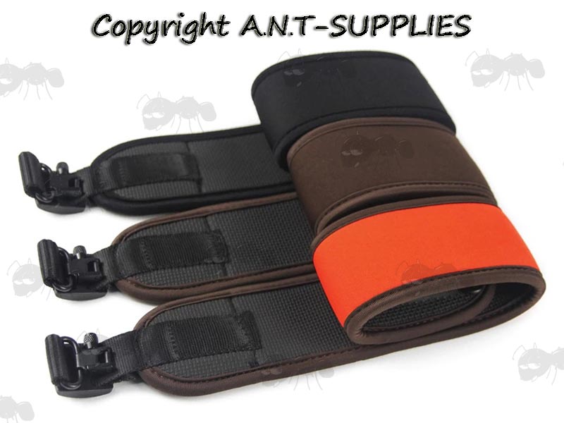 Three AnTac Canvas Hunters Slings with Rubberised Padding and Sewn-In Black QD Swivels, In Black, Brown and Hi-Visibility Colours