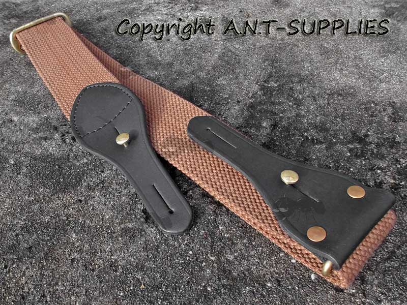 Two Deluxe AnTac Old English Styled Brown Canvas and Leather Gun Slings, with Black Leather End Tabs
