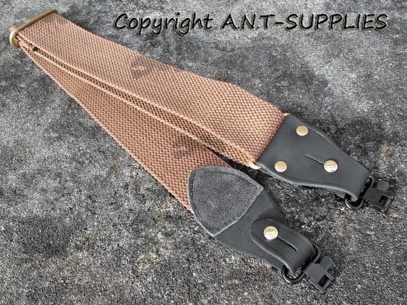 Two Deluxe AnTac Old English Styled Brown Canvas and Leather Gun Slings, with Black Leather End Tabs and QD Swivels Fitted