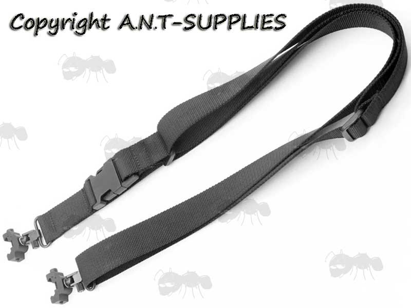 AnTac 30mm Wide Black Canvas Three Point Gun Sling with Traditional QD Metal Swivels and Weaver / Picatinny Rail QD Stud Adapters