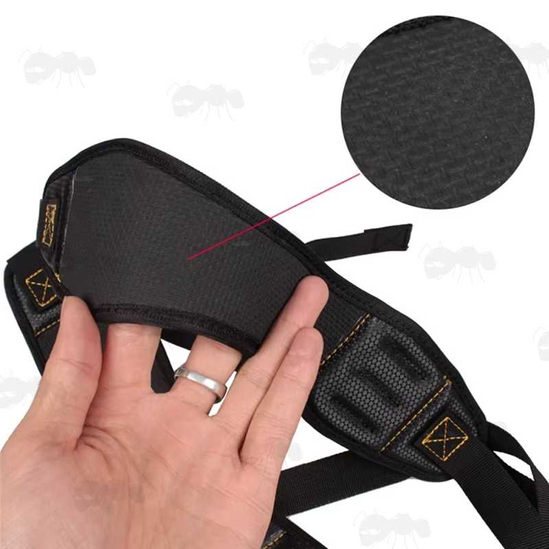 Back Neoprene Padding View on The Black and Autumn Leaf Camouflage Pattern Co2 Air Rifle Sling with Two 12g Co2 Capsule Holder Loops