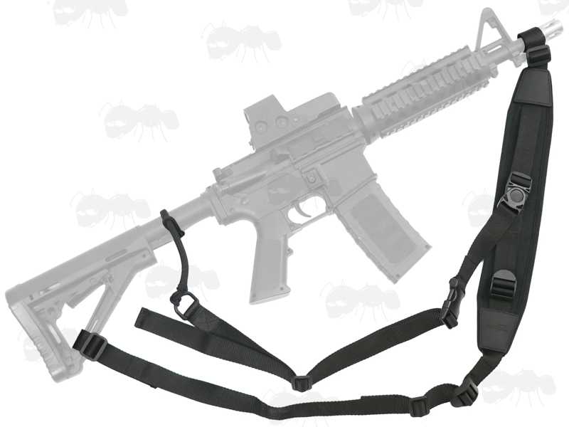 Black Canvas and Neoprene Crossbody Three Point Fitting Rifle Sling, Shown Fitted to Military Rifle