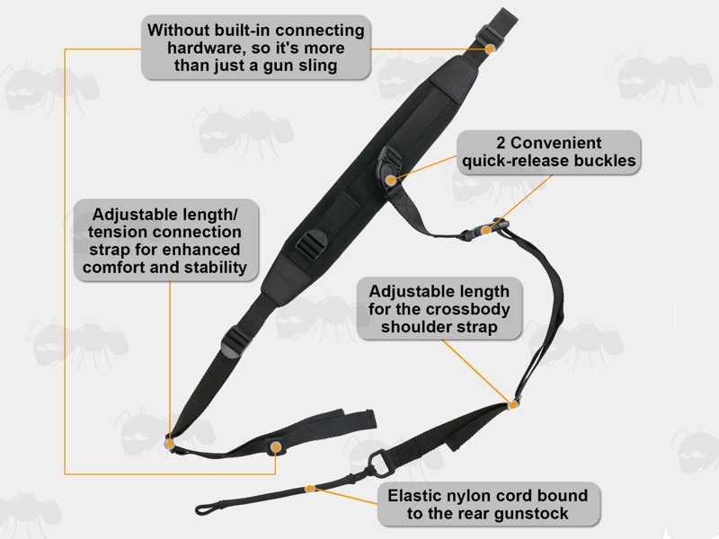 Features Shown on The Black Canvas and Neoprene Crossbody Three Point Fitting Rifle Sling