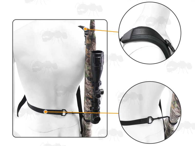 The Three Fitting Points Shown on The All Black Canvas and Neoprene Crossbody Three Point Fitting Rifle Sling, Shown Being Carried