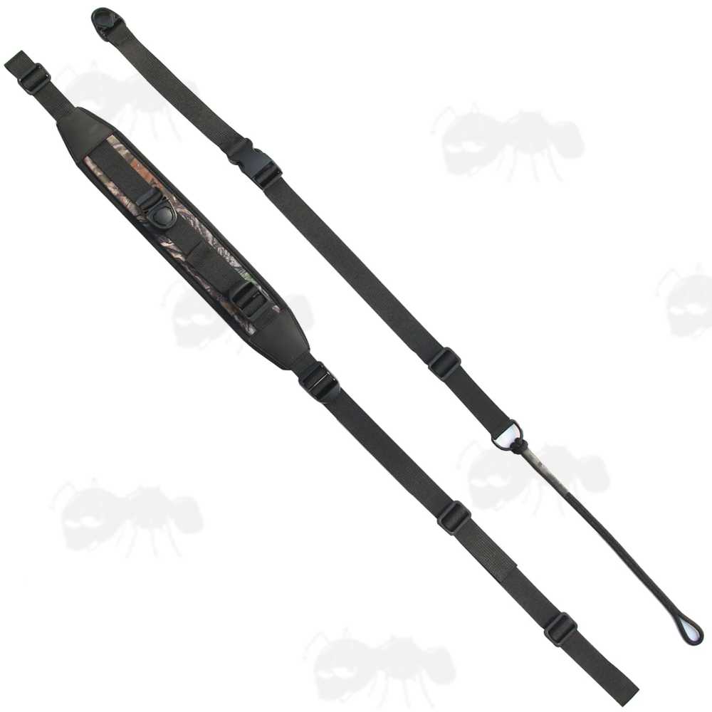 Black Canvas and Tree Camouflage Neoprene Crossbody Three Point Fitting Rifle Sling