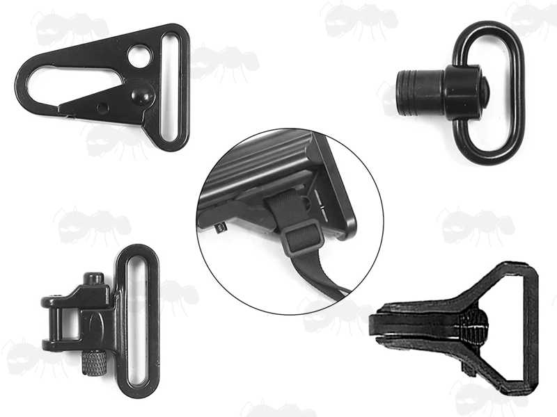 Assortment of Five Gun Sling Attachment Fittings That Can Be Used with the Crossbody Three Point Fitting Rifle Sling