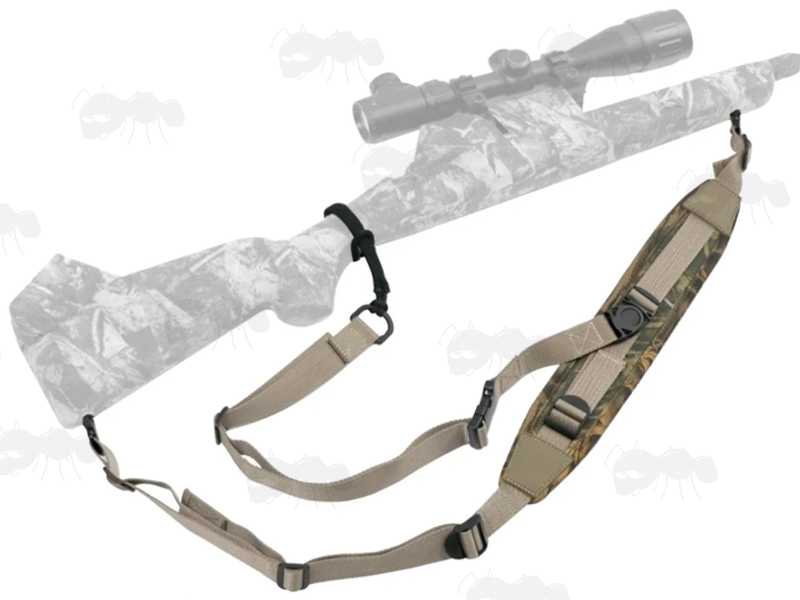 Khaki Canvas and Reed Camouflage Neoprene Crossbody Three Point Fitting Rifle Sling
