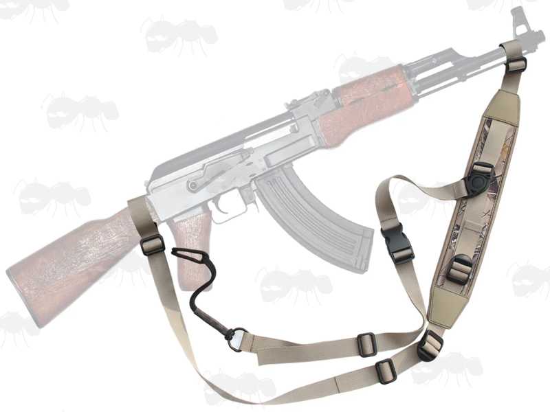 Khaki Canvas and Tree Camouflage Neoprene Crossbody Three Point Fitting Rifle Sling
