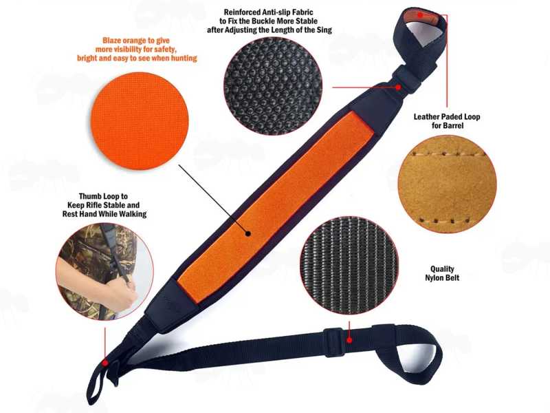 Features on The Black Neoprene with Bright High-Visibility Hunters Orange Backing Shoulder Pad, Universal Non-Drill Loop Fitting Gun Sling