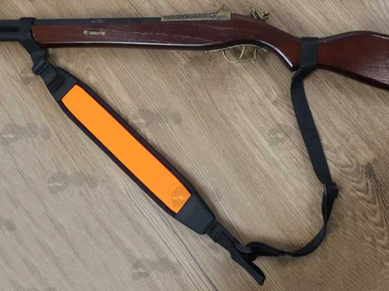 Black Neoprene with Bright High-Visibility Hunters Orange Backing Shoulder Pad, Universal Non-Drill Loop Fitting Gun Sling, Shown Fitted