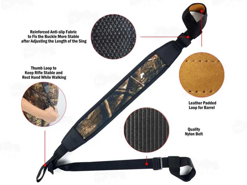 Features on The Black Neoprene with Tree Camouflage Backing Shoulder Pad, Universal Non-Drill Loop Fitting Gun Sling