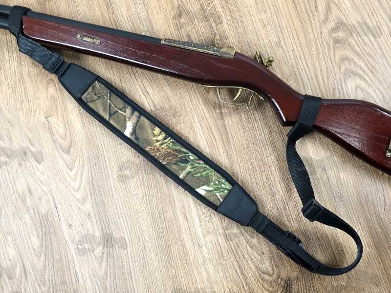 Black Neoprene with Tree Camouflage Backing Shoulder Pad, Universal Non-Drill Loop Fitting Gun Sling, Shown Fitted