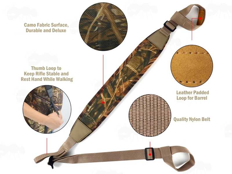 Features on The Khaki Neoprene with Waterfowl Camouflage Backing Shoulder Pad, Universal Non-Drill Loop Fitting Gun Sling