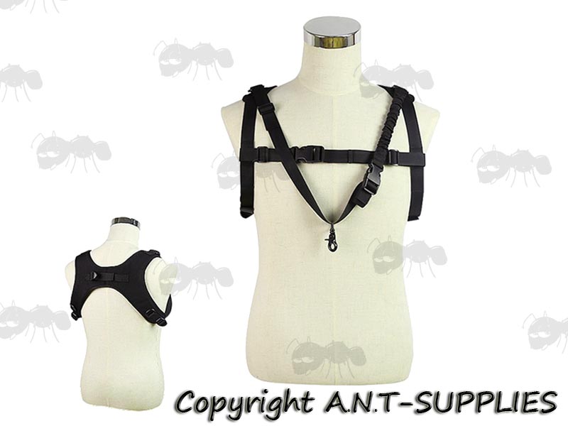 Front and Rear View of The H-Shaped Black Rifle Sling Chest Harness