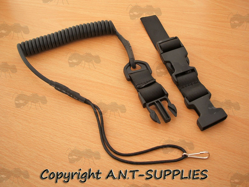 Black Heavy-Duty Coiled Pistol Lanyard with Quick-Release Buckle