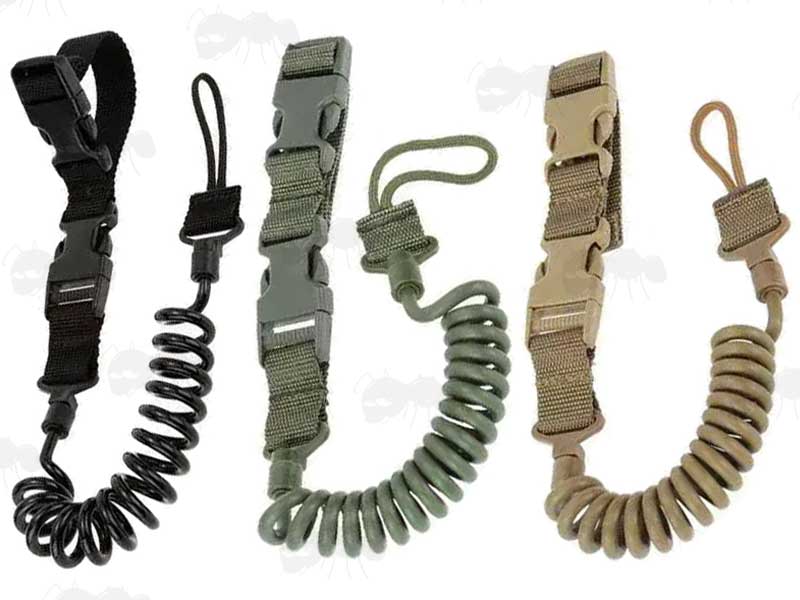 Black, Green and Tan Coloured Heavy-Duty Coiled Pistol Lanyards with Two Quick-Release Buckles