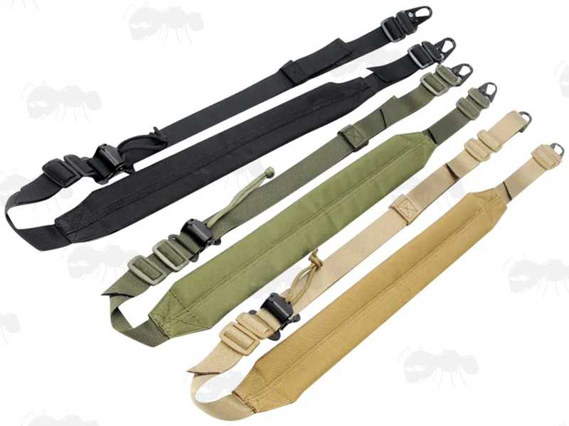 Long Padded Two Point Rifle Slings in Black, Green and Tan Colours, with Swivels Needed