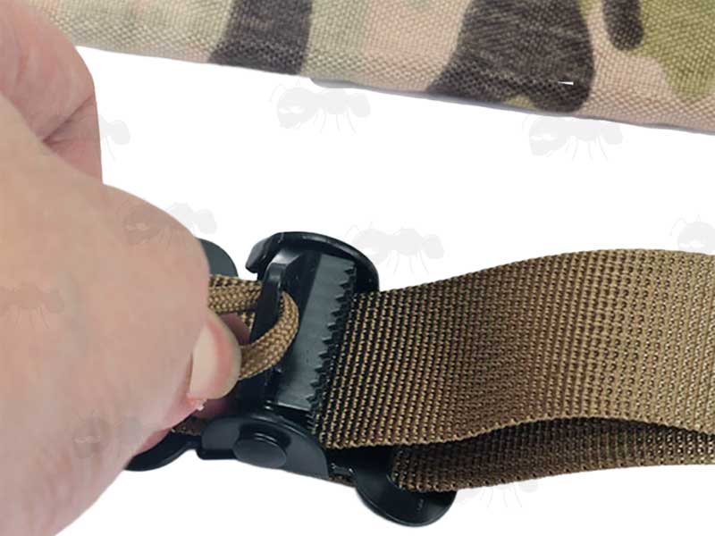 View of The length Adjustment Buckle on The Long Padded Two Point Rifle Sling in Multicamo