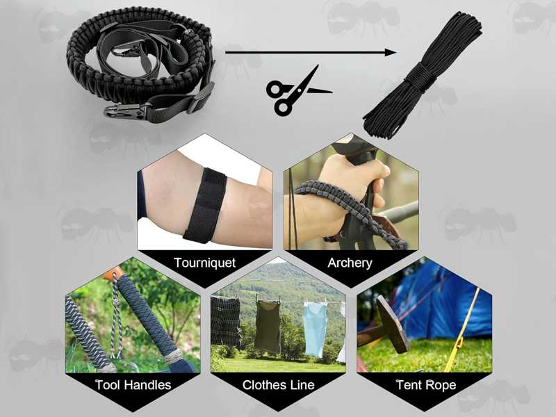 Picture Guide to Using The Paracord form The Long Black Paracord Weaved Rifle Sling in Survival Situations