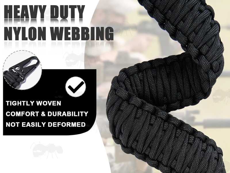 Close-Up View of Weave on The Long Black Paracord Weaved Rifle Sling
