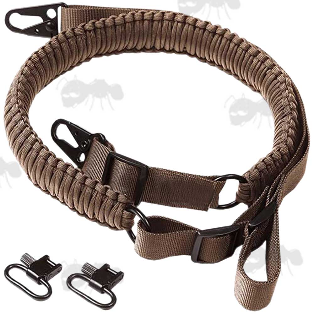 Long Brown Paracord Weaved Rifle Sling with Fitted HK Swivels and Extra QD Swivels