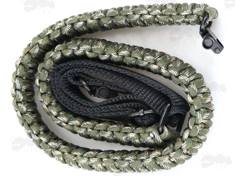 Long Woodland Camo Paracord Weaved Rifle Sling with Fitted Quick-Release Swivels