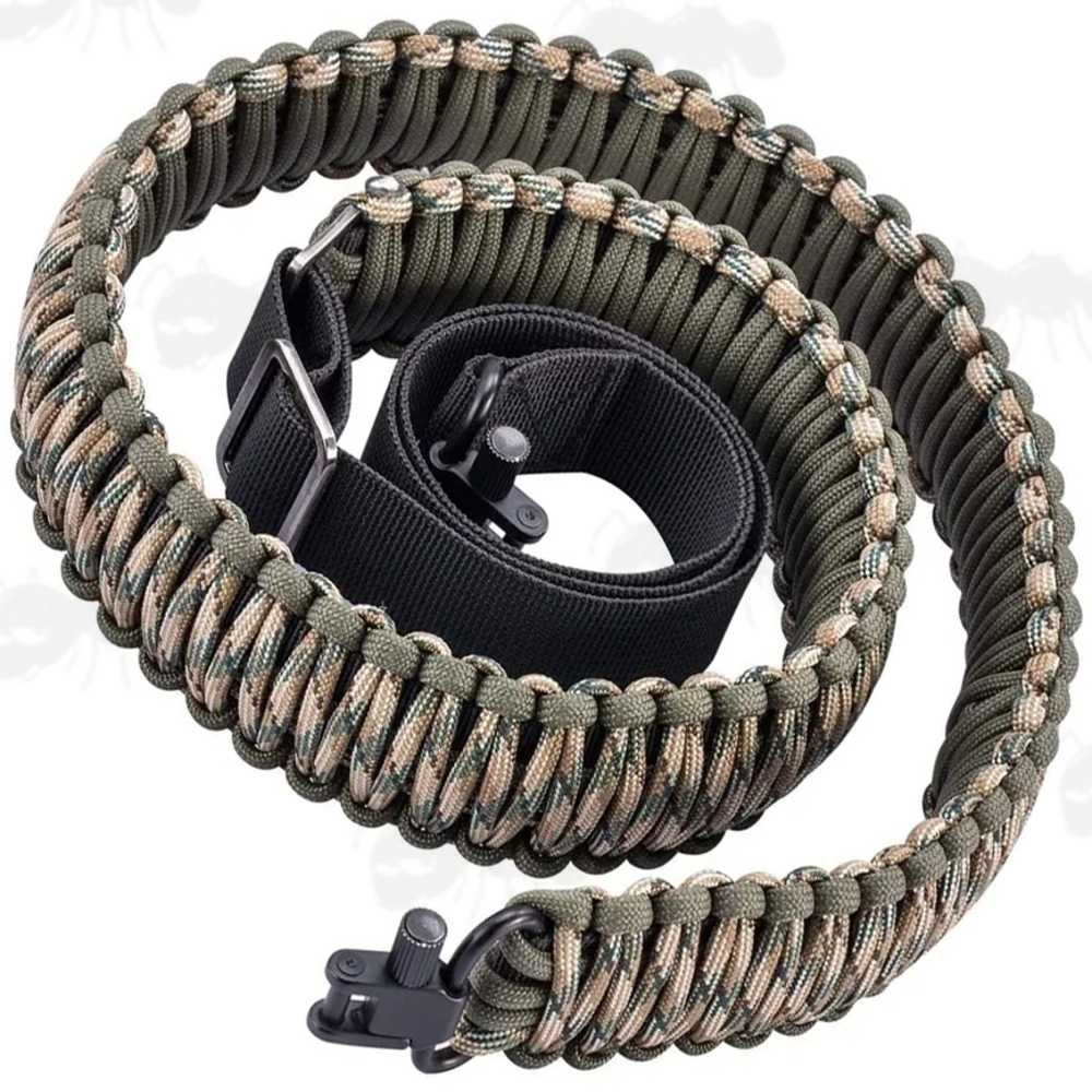 Long Two Tone Green Camo Paracord Weaved Rifle Sling with Fitted Steel Shackle Swivels