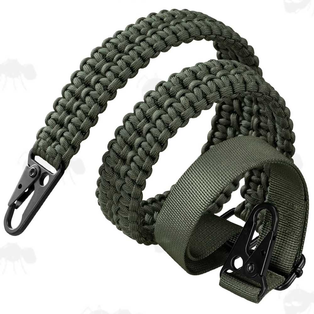 Long Green Paracord King Cobra Weaved Rifle Sling with Fitted HK Style Snap Hook Clips