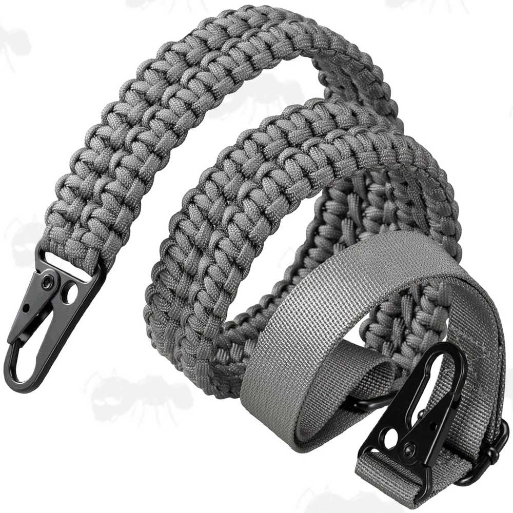 Long Grey Paracord King Cobra Weaved Rifle Sling with Fitted HK Style Snap Hook Clips