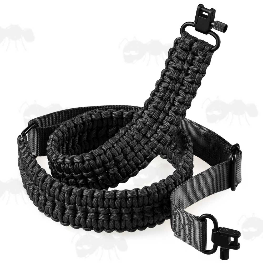 Long Black Paracord Double Cobra Weaved Rifle Sling with Fitted Quick-Release Gated Swivels