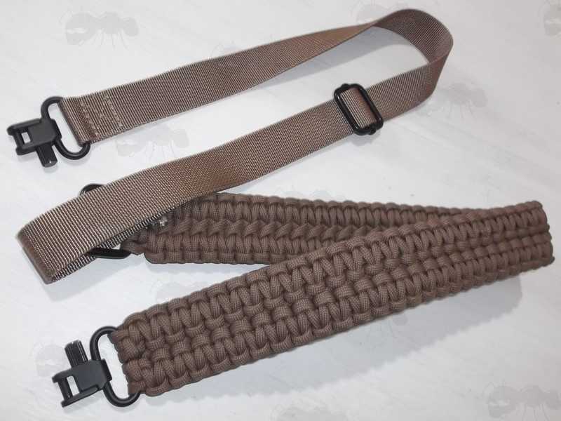 Long Brown Paracord Double Cobra Weaved Rifle Sling with Fitted Quick-Release Gated Swivels