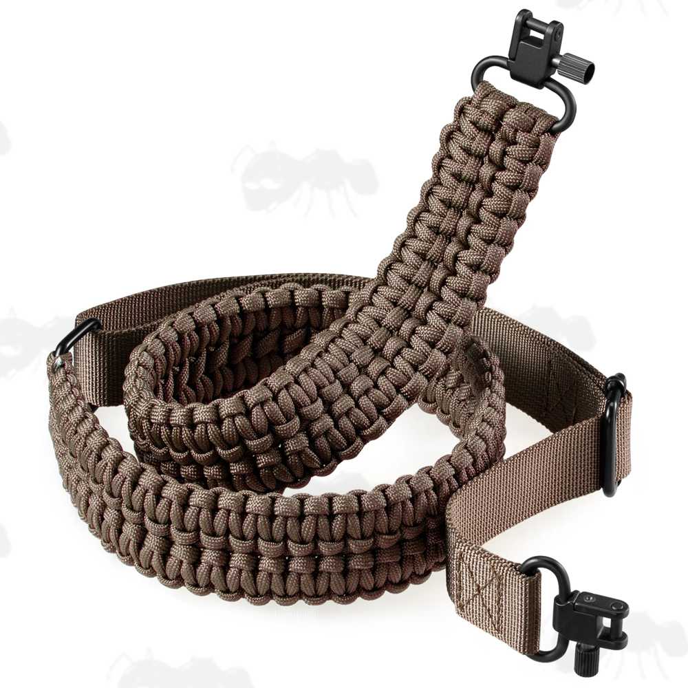 Long Brown Paracord Double Cobra Weaved Rifle Sling with Fitted Quick-Release Gated Swivels
