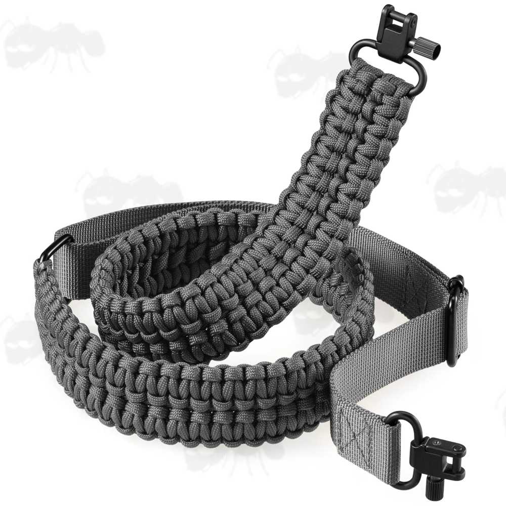 Long Grey Paracord Double Cobra Weaved Rifle Sling with Fitted Quick-Release Gated Swivels