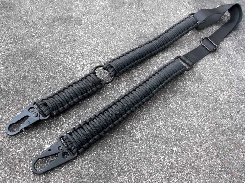 Long Black Paracord Cobra Weaved Rifle Sling with Fitted HK Style Snap Hook Clips, Shown In Two Point Configuration