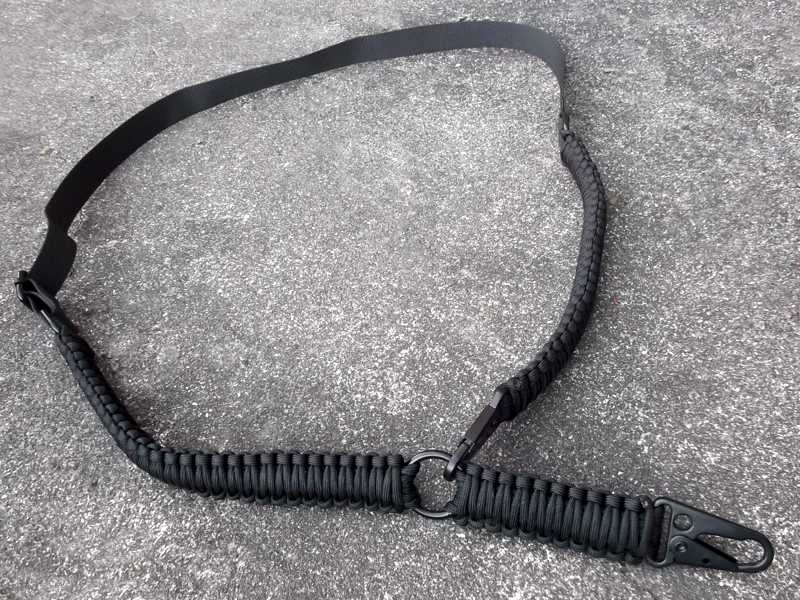 Long Black Paracord Cobra Weaved Rifle Sling with Fitted HK Style Snap Hook Clips, Shown In One Point Configuration