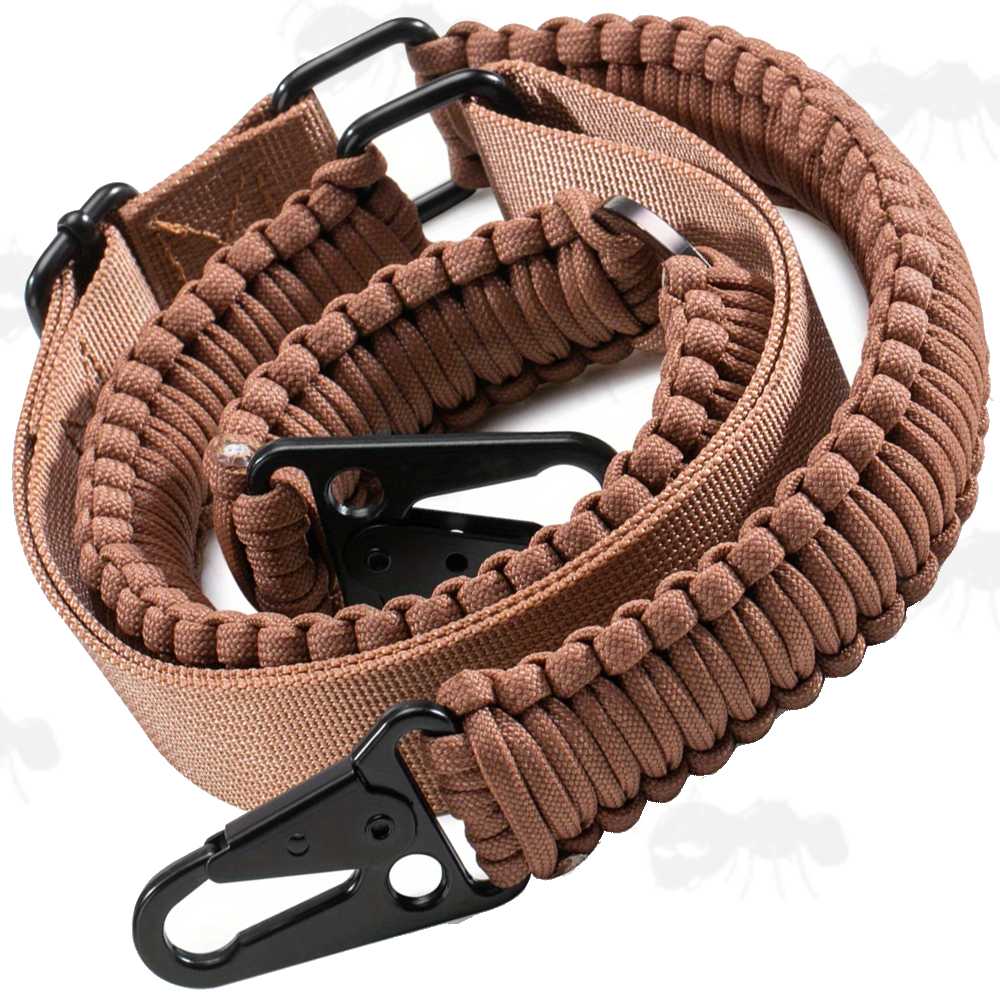Long Brown Paracord Cobra Weaved Rifle Sling with Fitted HK Style Snap Hook Clips