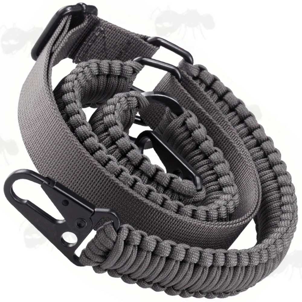 Long Grey Paracord Cobra Weaved Rifle Sling with Fitted HK Style Snap Hook Clips