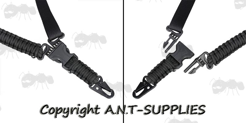 Close Up View of The Quick-Release Buckle on The One Point Black Paracord Sling