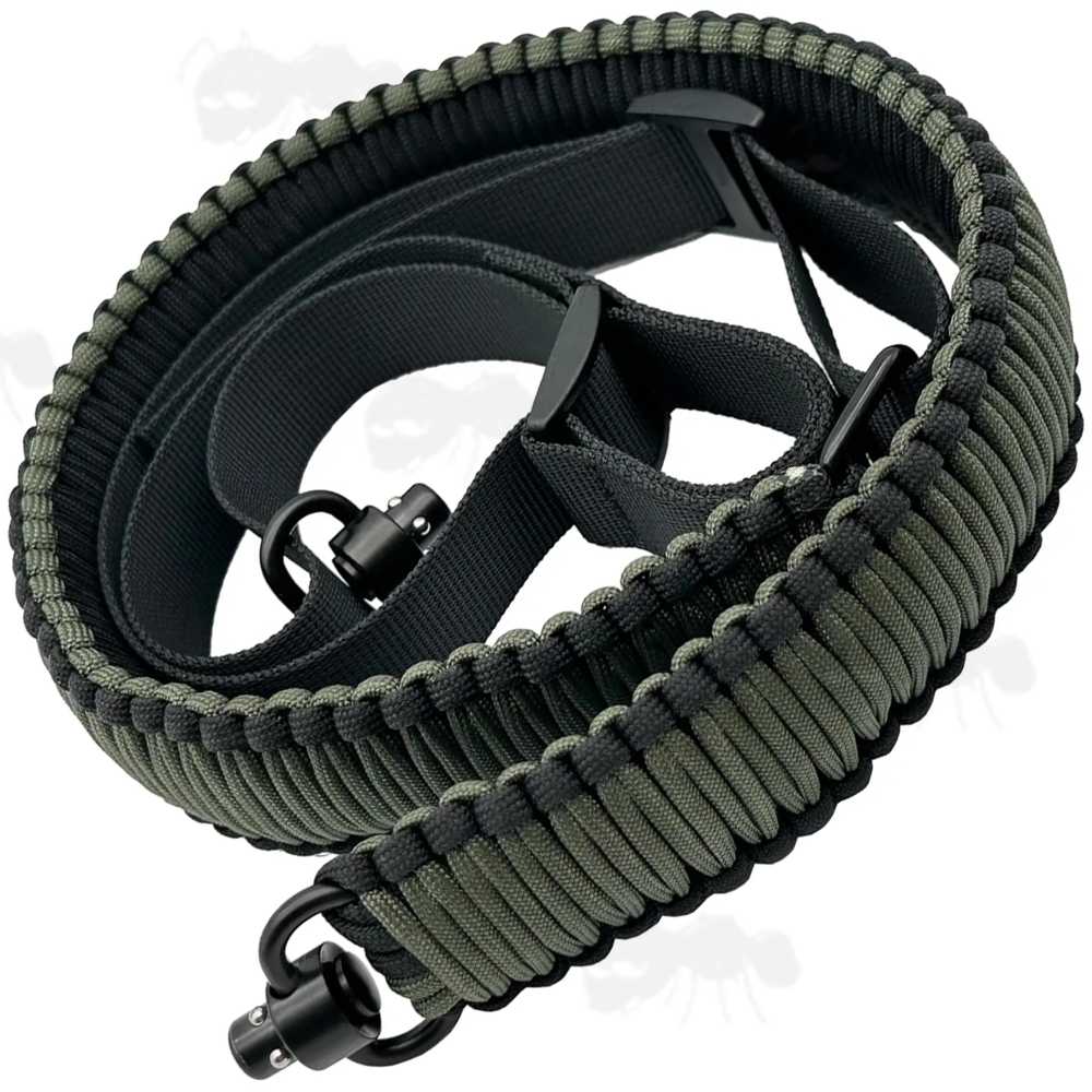 Long Two Tone Green and Black Paracord Wide Weaved Rifle Sling with Fitted Push Fit 10mm Socket QD Swivels